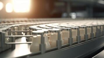 AI generated Rhythmic movement of milk bottle conveyor symbolizes streamlined process of dairy production photo