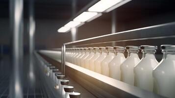 AI generated Rhythmic movement of milk bottle conveyor symbolizes streamlined process of dairy production photo