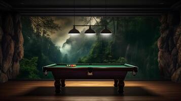 AI generated Billiard table against picturesque landscape of serene nature captures tranquil concentration photo