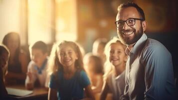 AI generated Handsome smiling man teacher in children class radiates positivity photo