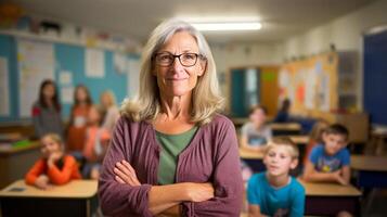 ai generado retrato de medio Envejecido hembra profesor sonrisas con brazos cruzado en salón de clases lleno de niños foto