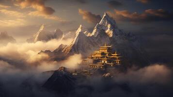 AI generated Majestic buddhist temple nestled in misty mountain surroundings at dawn exudes serenity photo