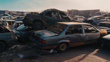 ai generado coche tugurio con antiguo oxidando vehículos formando cementerio de abandonado carros, paso de hora foto