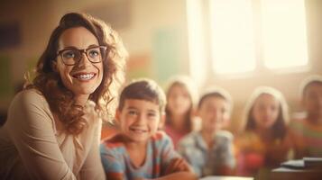 ai generado hermoso sonriente mujer profesor en niños clase irradia positividad foto