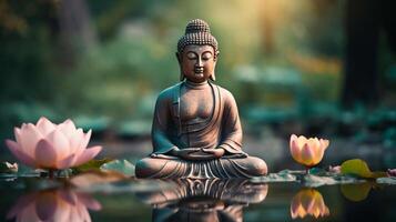 AI generated Meditative Buddha statue surrounded by blooming lotuses in calm waters of pond photo