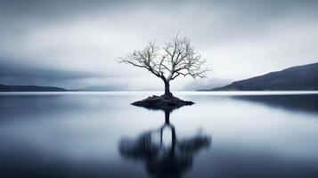 ai generado solitario árbol en medio de desolado lago crea melancólico atmósfera evocando sentido de aislamiento foto