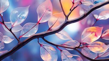 ai generado multicolor translúcido hielo hojas en árbol rama en delicado suave ligero evocando sentido de temor foto