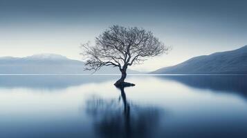 AI generated Lonely tree in midst of bleak lake creates melancholic atmosphere evoking sense of isolation photo