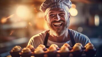 AI generated Cheerful male baker portrait proudly displaying his scrumptious cakes, sunlight background photo