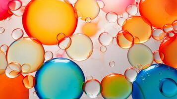 AI generated Mesmerizing colorful oil stains and vibrant bubbles as dynamic abstract background, top view photo