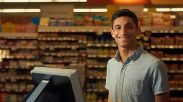 ai generado retrato de alegre sonriente masculino cajero en tienda de comestibles Tienda simboliza simpático cliente Servicio foto