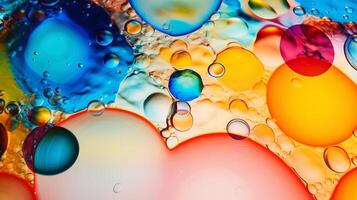 AI generated Mesmerizing colorful oil stains and vibrant bubbles as dynamic abstract background, top view photo