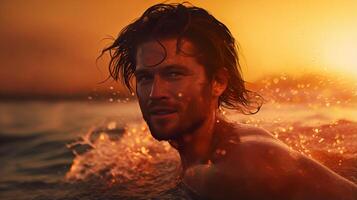 AI generated Close up of attractive man swimming in sea at golden warm glow of sunset surrounded by sea spray photo