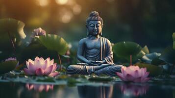AI generated Meditative Buddha statue surrounded by blooming lotuses in calm waters of pond photo