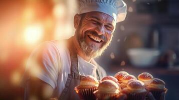 AI generated Cheerful male baker portrait proudly displaying his scrumptious cakes, sunlight background photo