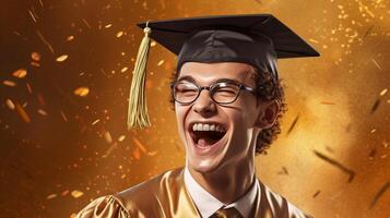 ai generado contento joven hombre vistiendo graduación gorra y vestido, sonriente joven chico vigas con felicidad foto