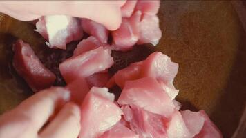 Close-up of a woman's hand putting pieces of red meat in a cast-iron cauldron. Top view. Roasting meat in oil in a wok. Slow motion video