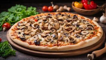 ai generado pollo caliente Pizza con hongos con vegetal foto