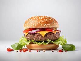 AI generated delicious hamburger isolated on white background photo