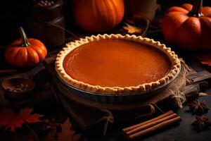 AI generated Close-up of pumpkin pie on the table photo