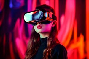 AI generated Beautiful girl wearing virtual reality glasses on a colorful background, portrait photo