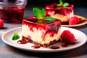 AI generated Piece of cheesecake with raspberry jelly on a plate close-up photo