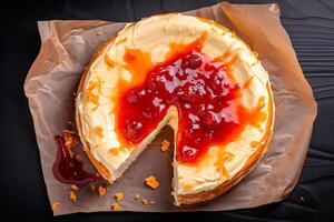 AI generated Cheesecake with berries on parchment paper, top view photo