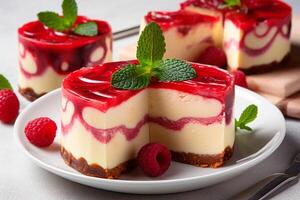 AI generated Cheesecake with raspberry jelly on a plate close-up photo