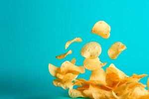 AI generated Potato chips close-up on a blue background, levitation, flight photo