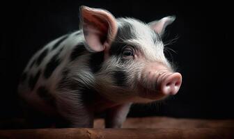 ai generado cerdito de cerca en en negro fondo, granja foto