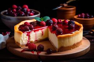 AI generated Cheesecake with berries close-up on a wooden board photo