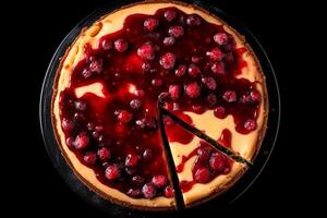 AI generated Cheesecake with berries on a dark background, top view photo