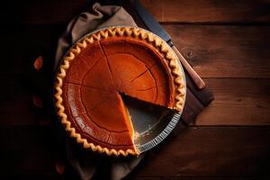 AI generated Pumpkin pie on the table, top view photo