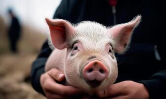 ai generado de cerca de un cerdito en un del hombre brazos foto