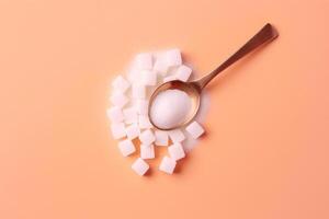 AI generated Granulated sugar in a metal spoon with sugar cubes on a peach background, danger of sugar concept, giving up sugar, copy space photo