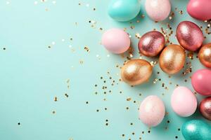 AI generated Painted Easter colorful eggs with glitter and confetti on blue background, Easter background, top view, copy space. photo