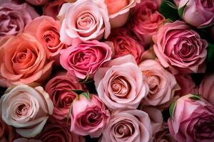 AI generated Pink roses close-up top view, floral background photo