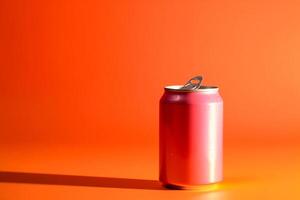 AI generated Open can of soda with shadow on orange background, copy space photo