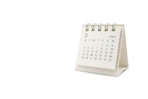 Simple desk calendar for March 2024 isolated on white background. Calendar concept with copy space. Clipping path. photo