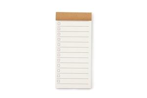 Blank checklist, planning for shopping reminder or project priority task list. small notepad with checkbox isolated on white background. Clipping Path. Blank checklist for text. Copy Space. photo