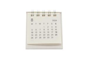 Simple desk calendar for August 2024 isolated on white background. Calendar concept with copy space. Clipping Path. photo