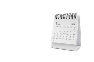 Simple desk calendar for March 2024 isolated on white background. Calendar concept with copy space. photo