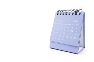 Simple blue desk calendar for July 2024 isolated on white background. Calendar concept with copy space photo