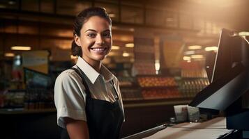 Portrait of cheerful smiling female cashier in grocery store symbolizes friendly customer service photo