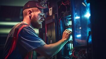 AI generated Smiling electrician, handsome and skilled, troubleshoots breaker panel photo