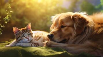 AI generated Endearing cat and cute dog lie side by side on sun drenched grass, basking in warmth and harmony photo