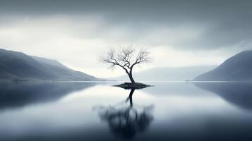 ai generado solitario árbol en medio de desolado lago crea melancólico atmósfera evocando sentido de aislamiento foto