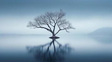 AI generated Lonely tree in midst of bleak lake creates melancholic atmosphere evoking sense of isolation photo