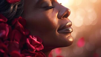 AI generated Red rose petals delicately cascade onto middle aged black woman face in close up portrait photo