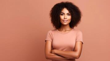 AI generated Confident black woman stands with crossed arms against soothing solid beige pink backdrop photo